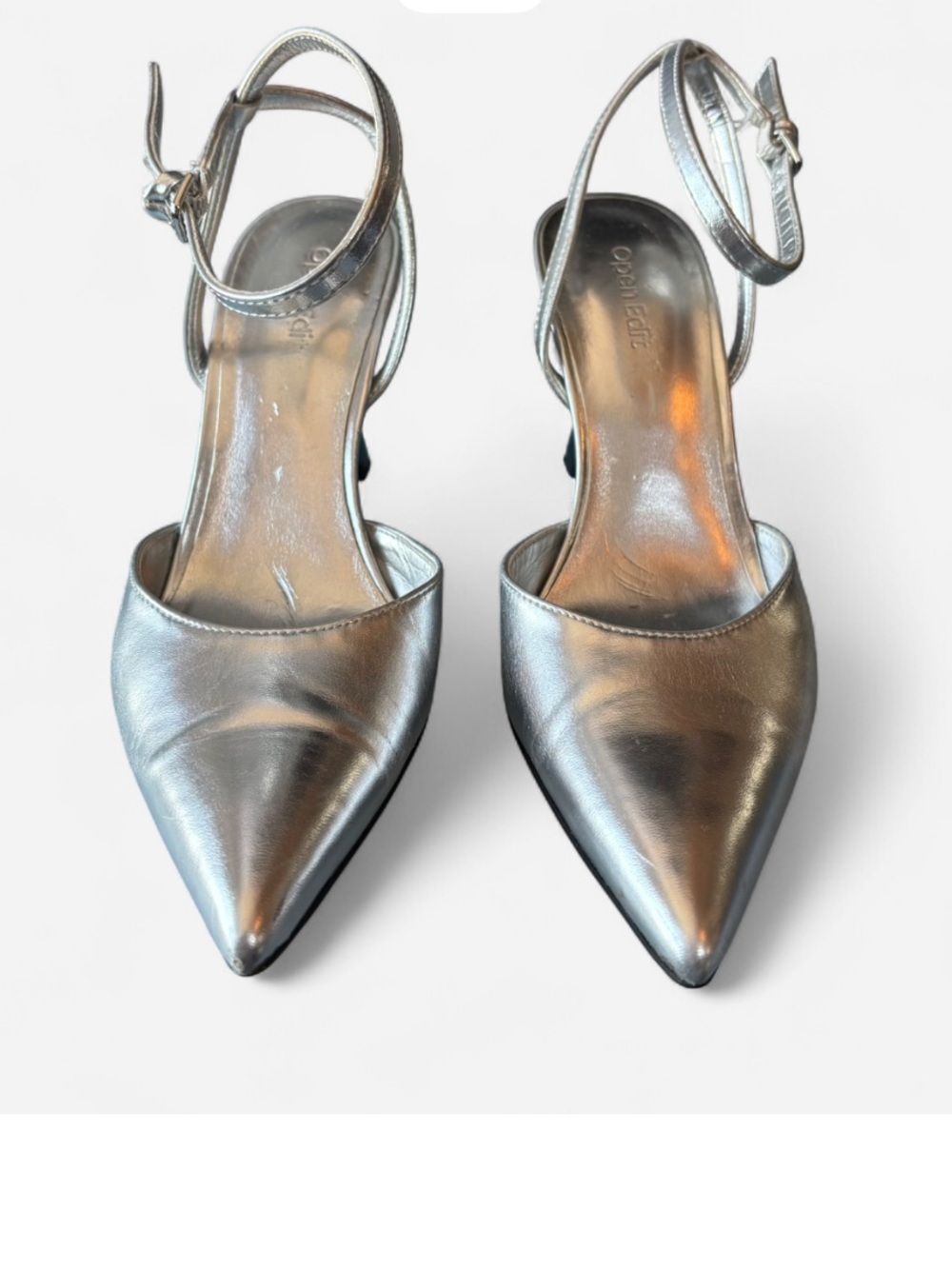 Metallic Silver Pointed-Toe Ankle-Strap Heels